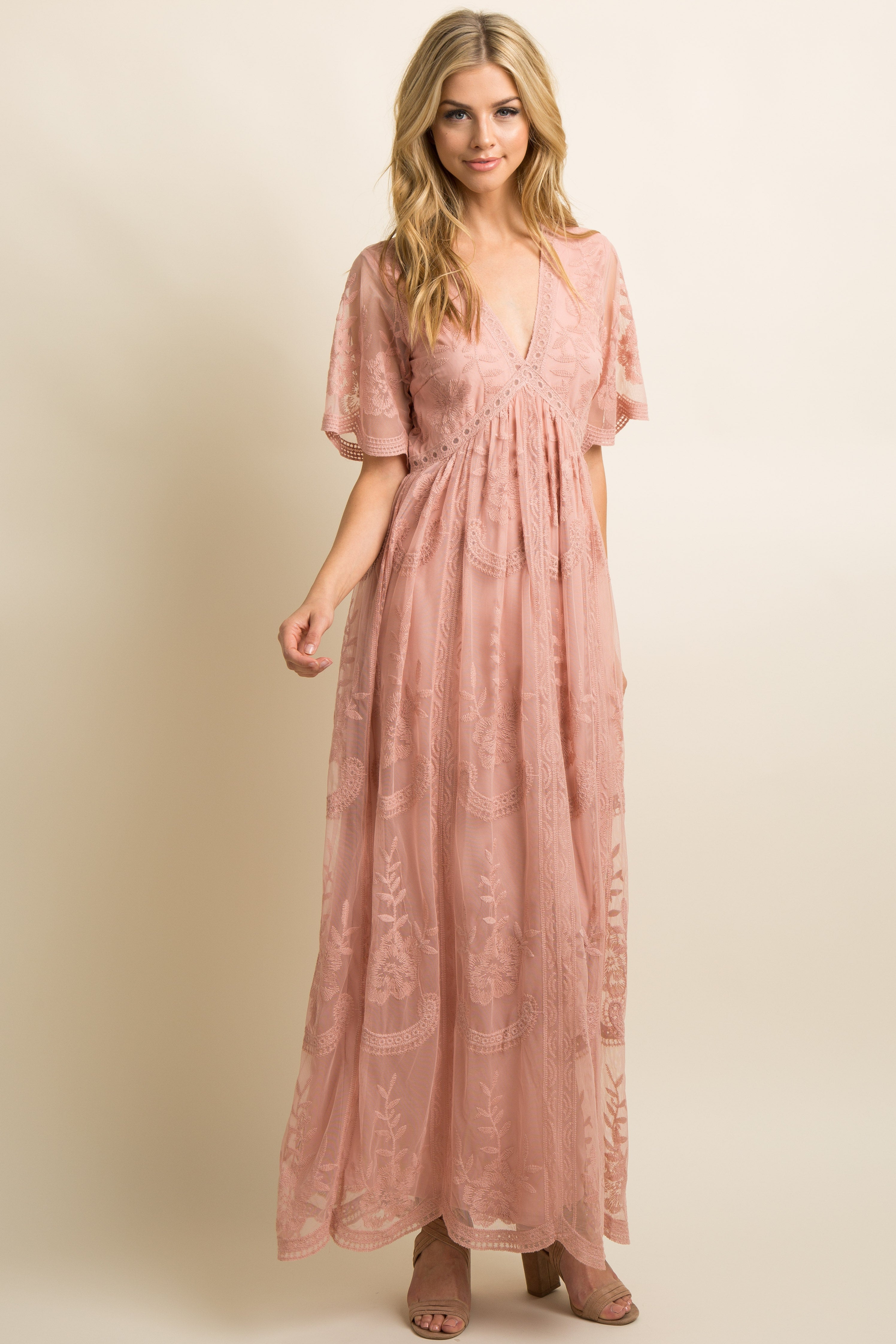 Light Pink Lace Mesh Overlay Maxi Dress ...